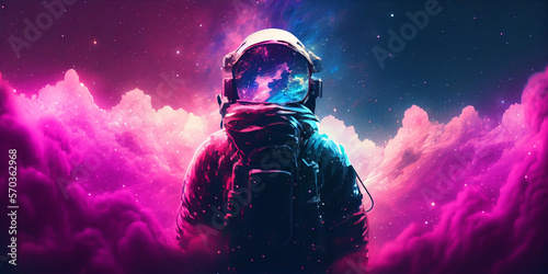 3D illustration of man in space suit inside softly glowing pink and blue galactic cloud. Peaceful galaxy astronaut. Retrowave. Generative Ai.