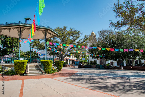 Gazebo and Colorful Flags in Plaza at Little Mexico in Downtown Los Angeles, CA