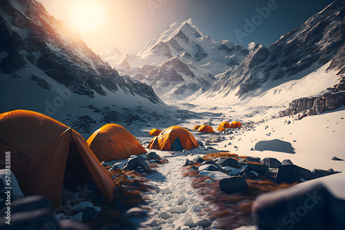 Tent camp and orange tents on the plateau of a mountain valley, the point of acclimatization of climbers before a high-altitude hike. Generative AI