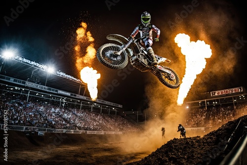 Supercross Rider in Action Flying at Stadium