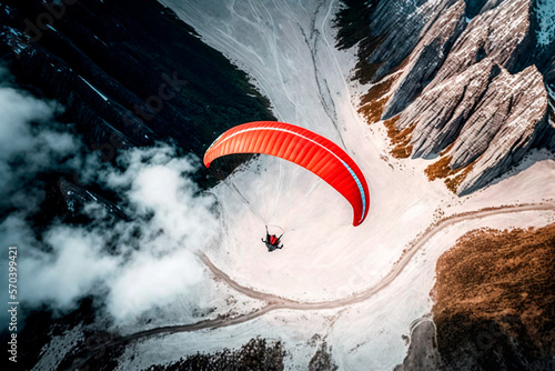 Adventure composite image of a paraglider flying high in the rocky mountains.Active lifestyle and adventure in extreme sports. Sunny sunset sky, generative ai.