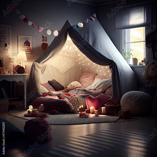 Blanket fort girl's playroom, teepee tent, dimly lit, childhood 