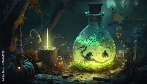 Powerful potions in haunted swamp. Illustration fantasy by generative IA