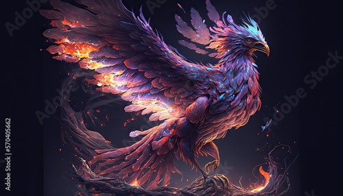 Mythical phoenix rises from ashes. Illustration fantasy by generative IA