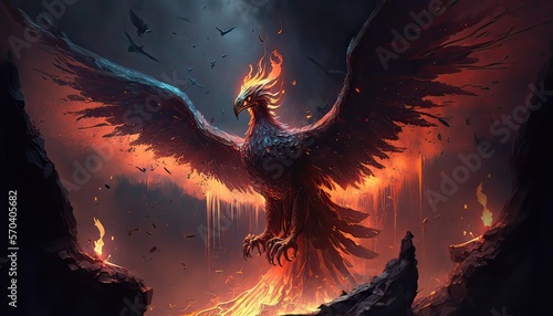 Mythical phoenix rises from ashes. Illustration fantasy by generative IA