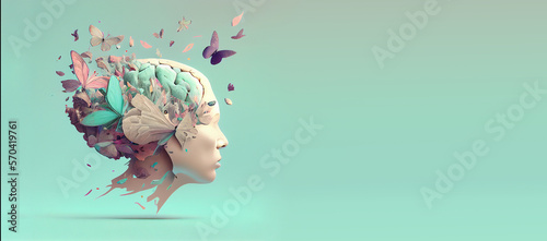 Human brain with flowers and butterflies, self care and mental health concept, positive thinking, creative mind, generative AI 