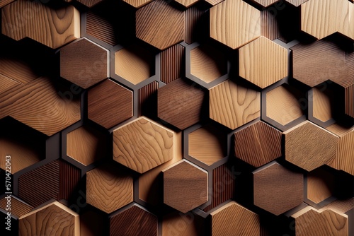 In this case, we have a tiled wall backdrop set against a wood or timber wall. Wallpaper made of natural-looking hexagonal tiles. Generative AI