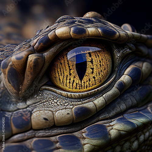 Eye of crocodile alligator framed by green scales close-up, eye of a animal reptilia macro