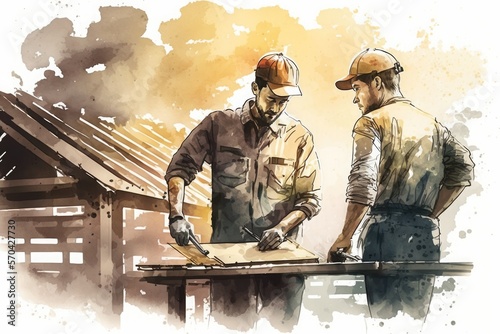 Two carpenters working together, building wooden house. AI Generative watercolor