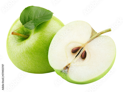 Ripe green apple fruit with apple half and green leaf isolated on transparent background