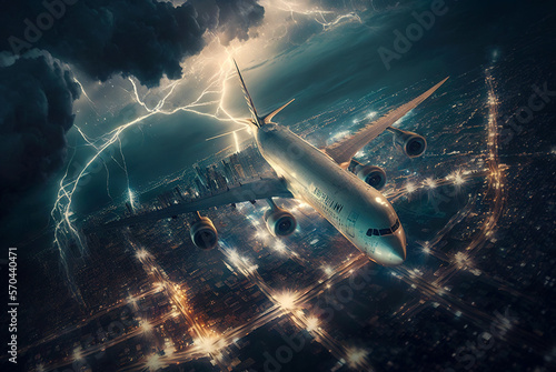 Plane flying during thunderstorm, lightning strikes passenger airplane, generative AI