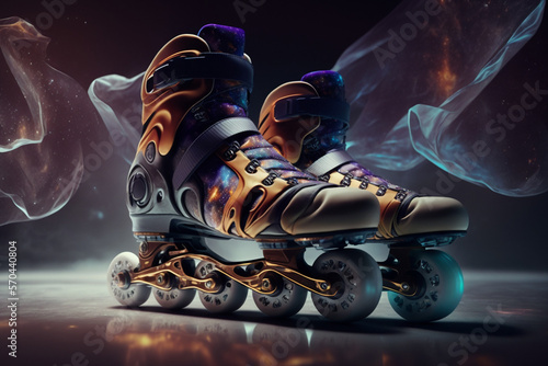 Futuristic rollerblade skates concept design isolated in a galaxy background 3d render made with generative ai