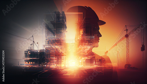 illustration digital building construction engineering with double exposure graphic design. Building engineers, architect people, or construction workers working. Generative AI 