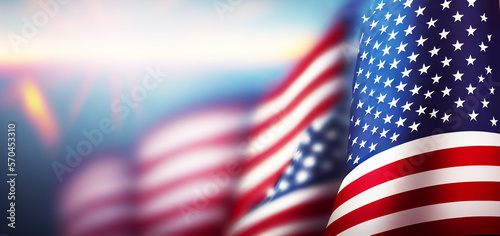 American Flags with copy space blurred background.Happy Presidents' Day Text Over Blue Bokeh Lights Texture Background and American Flags.Generative AI