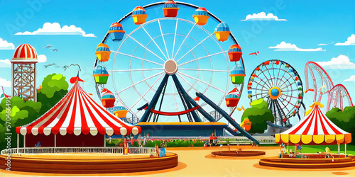 A festive carnival amusement park with ferris wheel and other entertaining rides outdoors