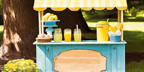 Lemonade stand - summer business for children. Kids of all ages mix pitchers of lemonade and sell by the glass, with an awning and blank wooden sign in the summer day