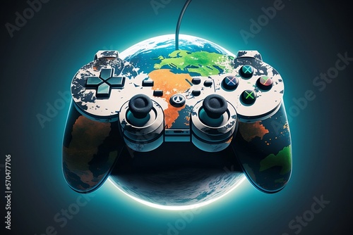 video game controller connected on planet earth, generative AI, 