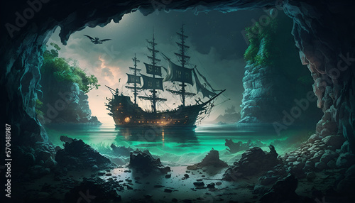 ship in the sea,an underground ocean, a pirate ship in the foreground, fantasy city on island in the distance as focal point, dark colors, realistic, nighttime, stone ceiling, glowing lichen and moss 
