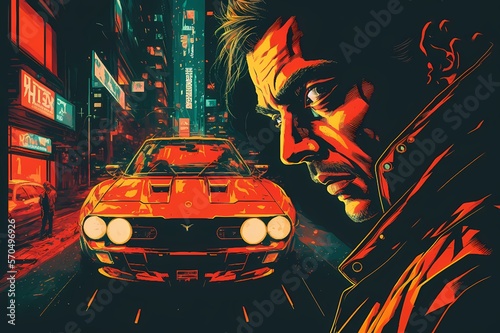 Cyberpunk Comic Book Style Image of a Noir Man Next to a Car with the Headlights On. [Sci-Fi, Fantasy, Historic, Horror Character Portrait. Graphic Novel, Video Game, Anime, Comic, or Manga]
