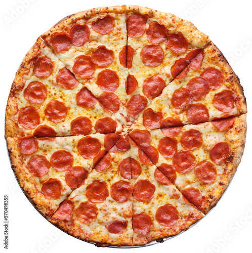 sliced pepperoni pizza shot top down view and isolated