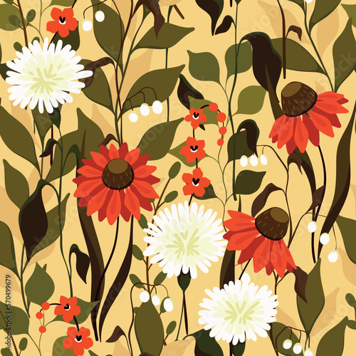 Seamless floral pattern with wild garden; large flowers in vintage style. Elegant flower print; beautiful botanical design with different flowers; leaves; on a beige background. Vector illustration.