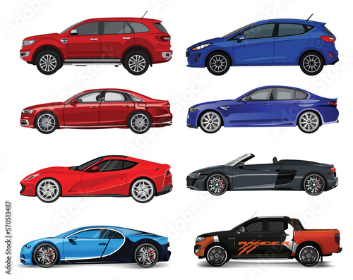Car vector template on white background. Business sedan isolated. Vehicle branding mockup. Side, front, back, top view. All elements in the groups are on separate layers.