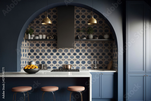 Cocina con azulejos azules y arquitectura tradicional catalana, Cocina moderna y artesanal, creada con IA generativa