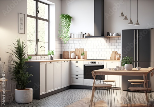 Cocina moderna con azulejos blancos y muebles modernos hechos a medida, creada con IA generativa