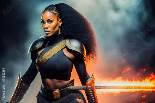 Young black fighter in a bare midriff with powerful shoulder guards and forearm protectors in front of a flaming sword, fantasy depiction, made with generative AI