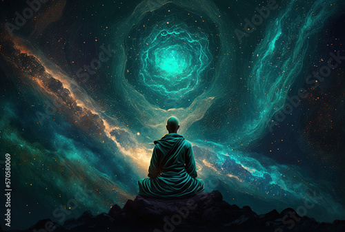 Buddha meditating in the universe, monk contemplating a beautiful cosmos. Buddhism, spirituality . Illustration, generative AI. 