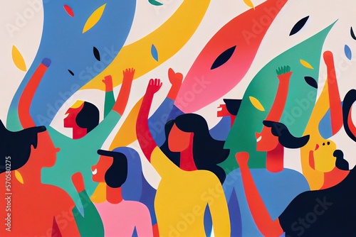 Minimalist art illustration of people celebrating victory, raising fists with excitement. Generative AI