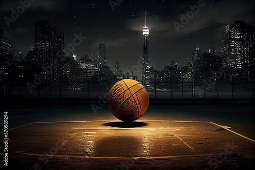 Basketball liegt auf dem Boden in einer beleuchteten Stadt in der Nacht - Generative Ai