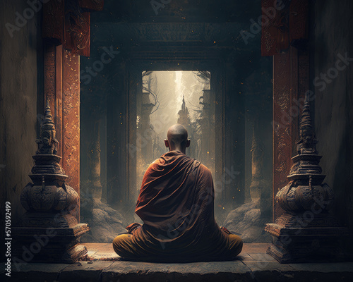 Monk in the lotus position in the temple. Generative AI.