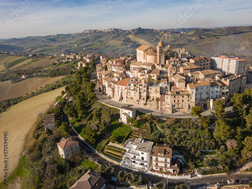 Italy, February 2023: aerial view from the drone of the medieval village of Monteprandono in the province of Ascoli Piceno in the Marche region