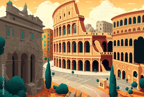 The Colosseum and other ancient Rome landmarks are shown in this cartoon. Generative AI