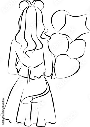 vector illustration of a beautiful blonde girl in a dress with a bunch of balloons, doodle and sketch style