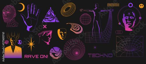 Retro futuristic set. Rave techno punk surreal geometric symbols, psychedelic wireframe perspective grids for streetwear merch design. Vector collection