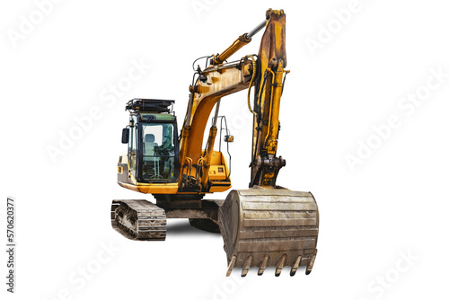 Crawler excavator isolated on white background. Quarry excavator front view. Close-up. Modern building equipment for earthworks. element for design.