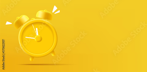 3D modern banner with a ringing yellow alarm clock. Alarm clock on yellow background, for design concepts. Time to, time to act.
