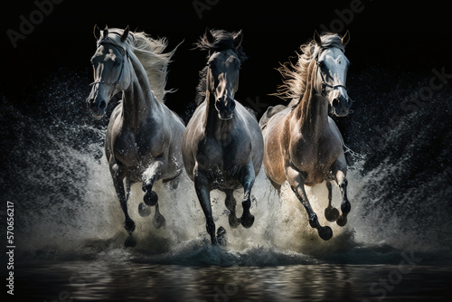Galloping horses jumping over the camera in a river Generative AI