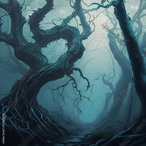 a haunted forest in the night full of twisted trees and branches in the dense mist Generative Ai