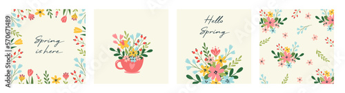 Collection of spring greeting card or postcard templates with flowers, floral pattern. Lovely cute illustration for 8 March, Women's Day celebration.