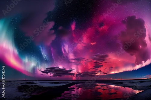 Pink aurora borealis, morthern lights over ice and snow landscape.