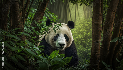 Oso panda en mitad de un bosque de bambú, creado con IA generativa