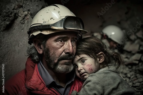 a rescue man hold a girl in his arm with collapse building background, idea for support earthquake devastation , especially Turkey and Syria earthquake, Generative Ai