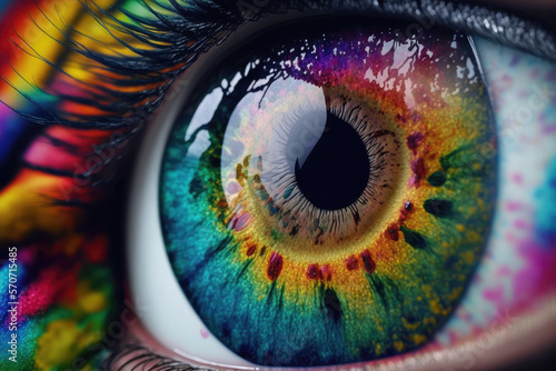 Close up view of female eye with multicolored eyeball and colorful makeup powder. Peculiar AI generative image.