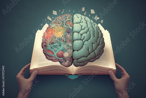 Human brain on a book and color background. Minimal abstract concept of school, culture, intelligence, reading or education. Charger for brain idea. Generative AI