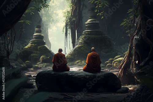 Meditating monks in peaceful jungle forest environment near lake, practicing breath work in robes.