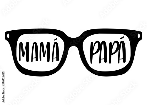 Logo con silueta aislada de gafas de sol con letras de la palabra mamá y papá en español en texto manuscrito.