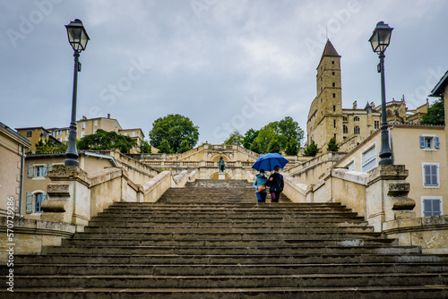 The monumental staircase and its 234 steps in Auch, in the South of France (Gers), under the rain